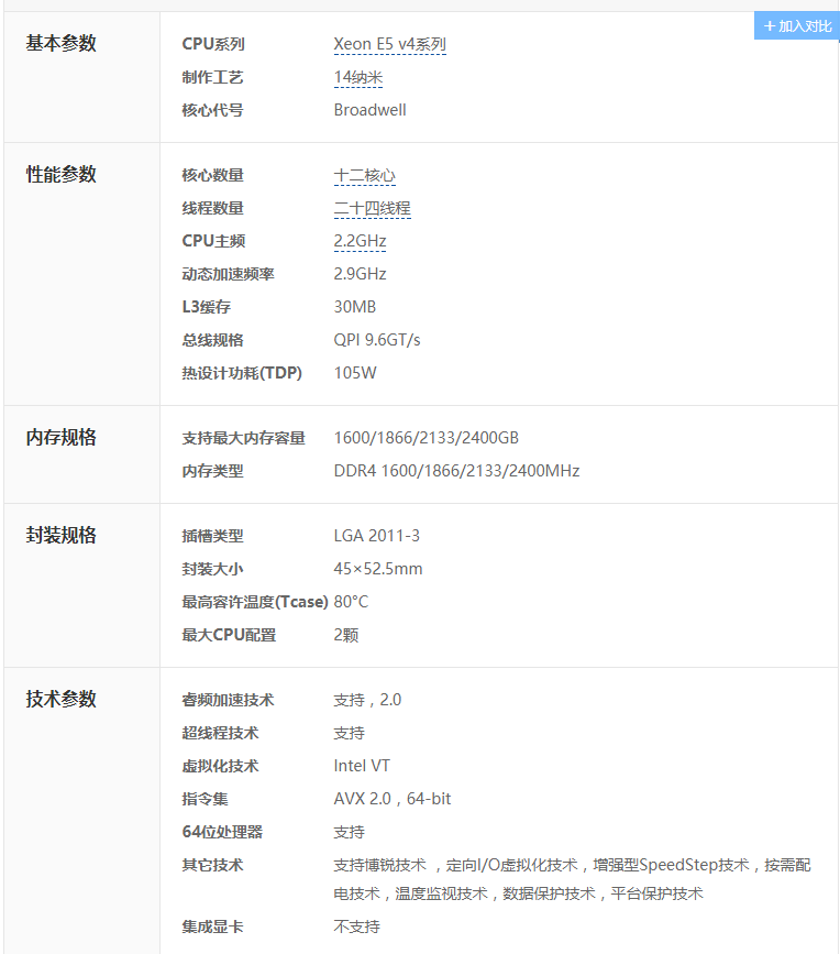 双路E5 26xx v4处理器参数